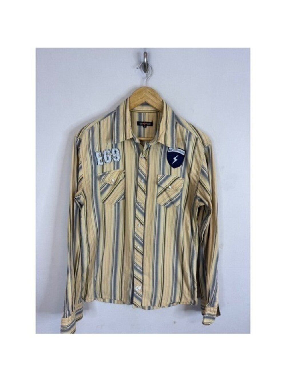 Vintage Energie Jeans Mens XL Yellow Striped Long Sleeve Button Down Shirt E69